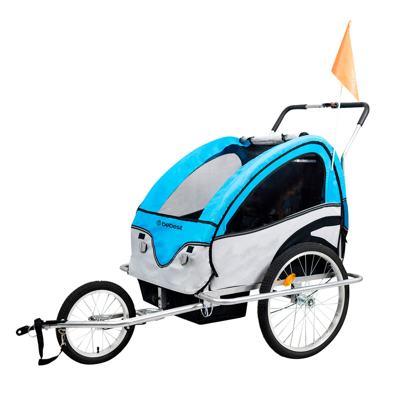 Carro arrastre trailer para bicicletas 2 niños BeRide Azul