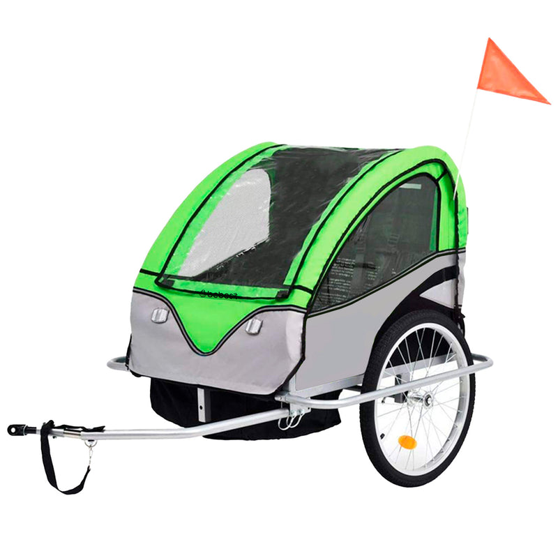 Carro arrastre trailer para bicicletas 2 niños BeRide Verde