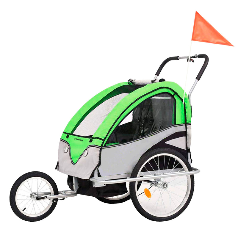 Carro arrastre trailer para bicicletas 2 niños BeRide Verde