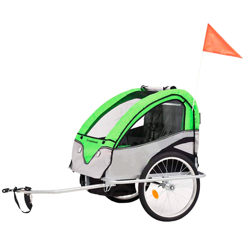 Carro arrastre trailer para bicicletas 2 niños BeRide Verde