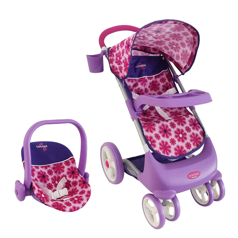 Juguete Muñeca Coche travel con cuna flores