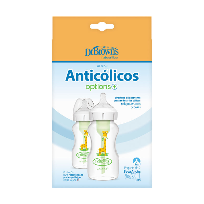 Pack 2 Mamaderas Anticólico Boca Ancha 270ml, Jirafa c/Tetina 3M+, Dr.Brown&