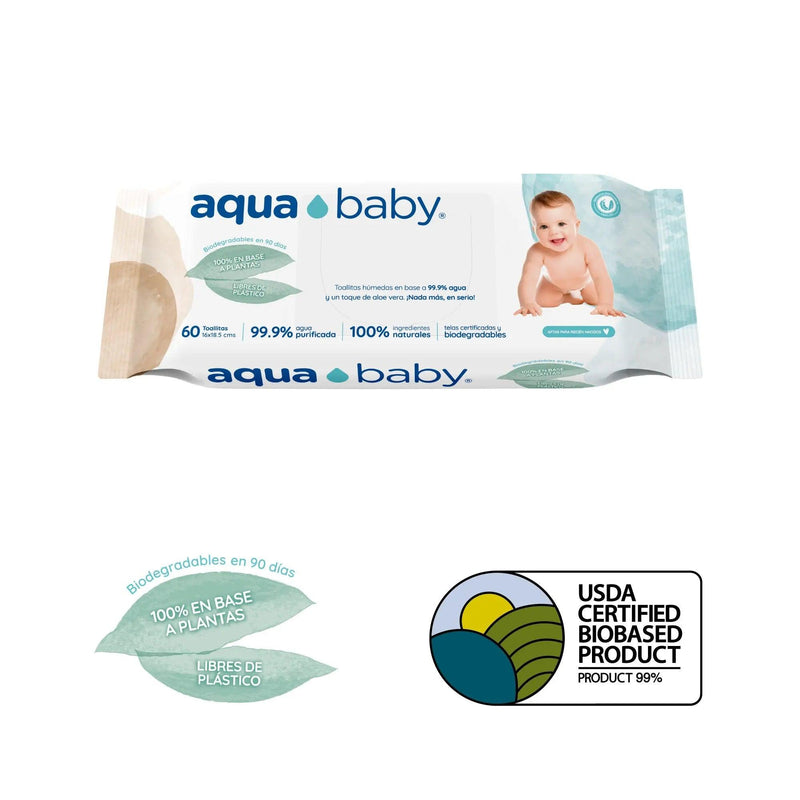 Caja de 12 Bolsas de 60 Toallitas Húmedas Biodegradables, Aqua Baby - KIDSCLUB Tienda ONLINE