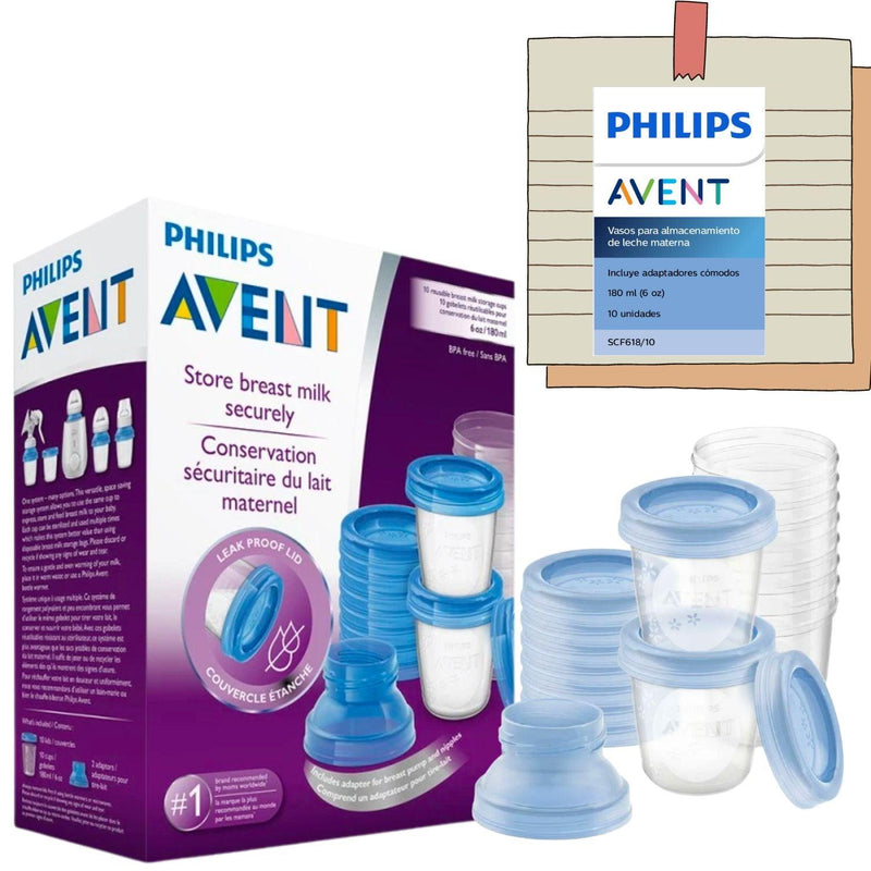 SET AVENT 10 Vasos ALMACENAMIENTO Leche Materna (SCF618/10) - KIDSCLUB Tienda ONLINE